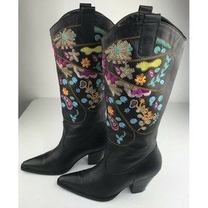 TWO LIPS Chessa Black Embroidered Western Style Leather Boots Sz 6.5